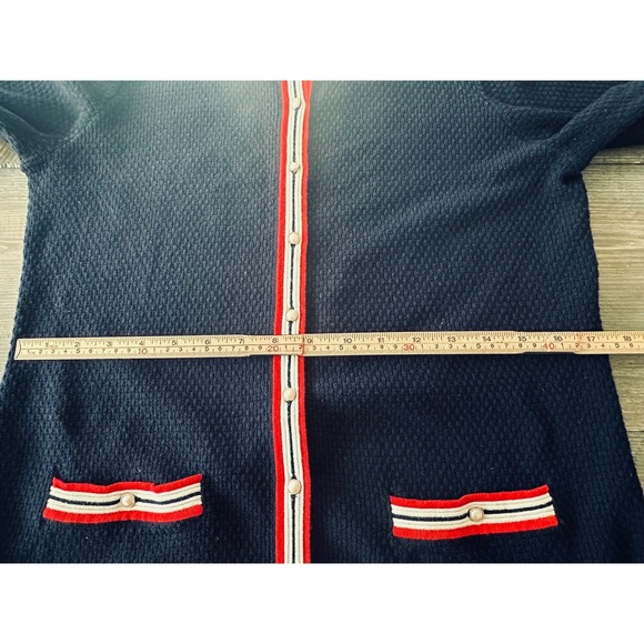 Talbots Navy Textured Knit Cardigan Red White Trim Pearl Button Women's Size M - Picture 9 of 11
